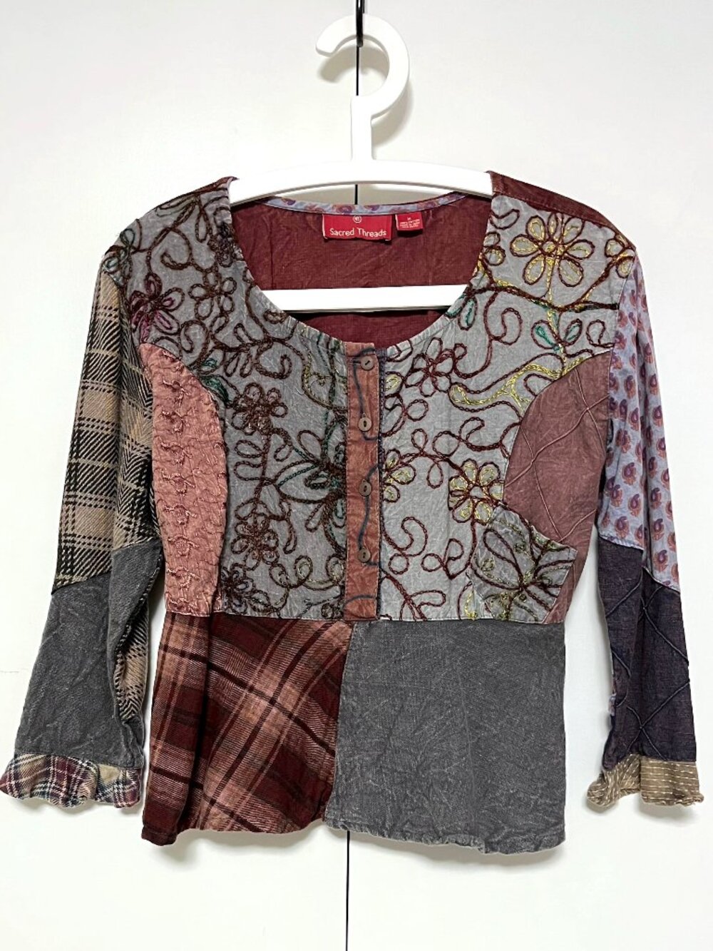 Sacred Threads Boho Patchwork Embroidered Tunic Top